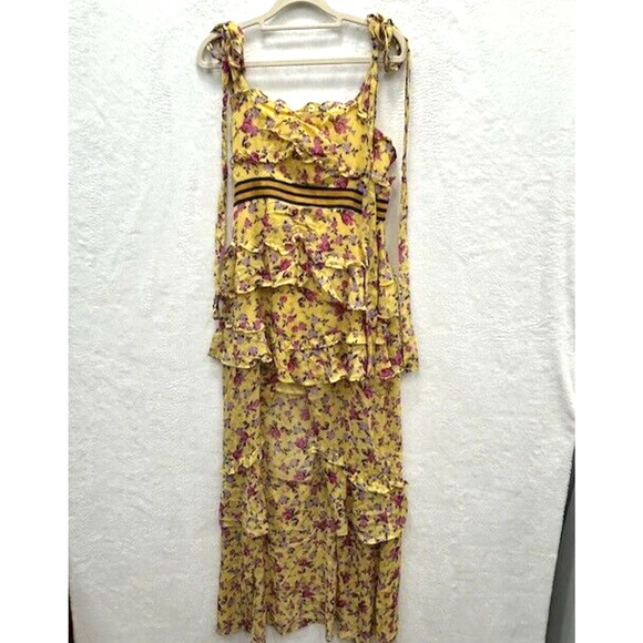 For Love & Lemon Womens Maison Floral Dress Ruffle Hi-Low Hem Yellow Size M - Picture 3 of 11